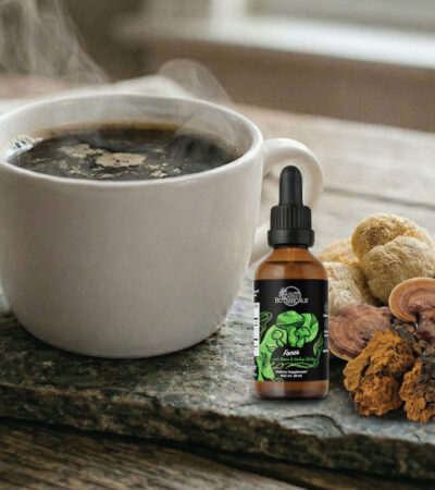 A steaming cup of coffee sits on a stone slab next to a dropper bottle of herbal extract and an assortment of dried mushrooms, with a bright window in the background.