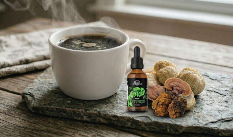 A steaming cup of coffee sits on a stone slab next to a dropper bottle of herbal extract and an assortment of dried mushrooms, with a bright window in the background.