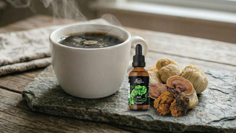 A steaming cup of coffee sits on a stone slab next to a dropper bottle of herbal extract and an assortment of dried mushrooms, with a bright window in the background.