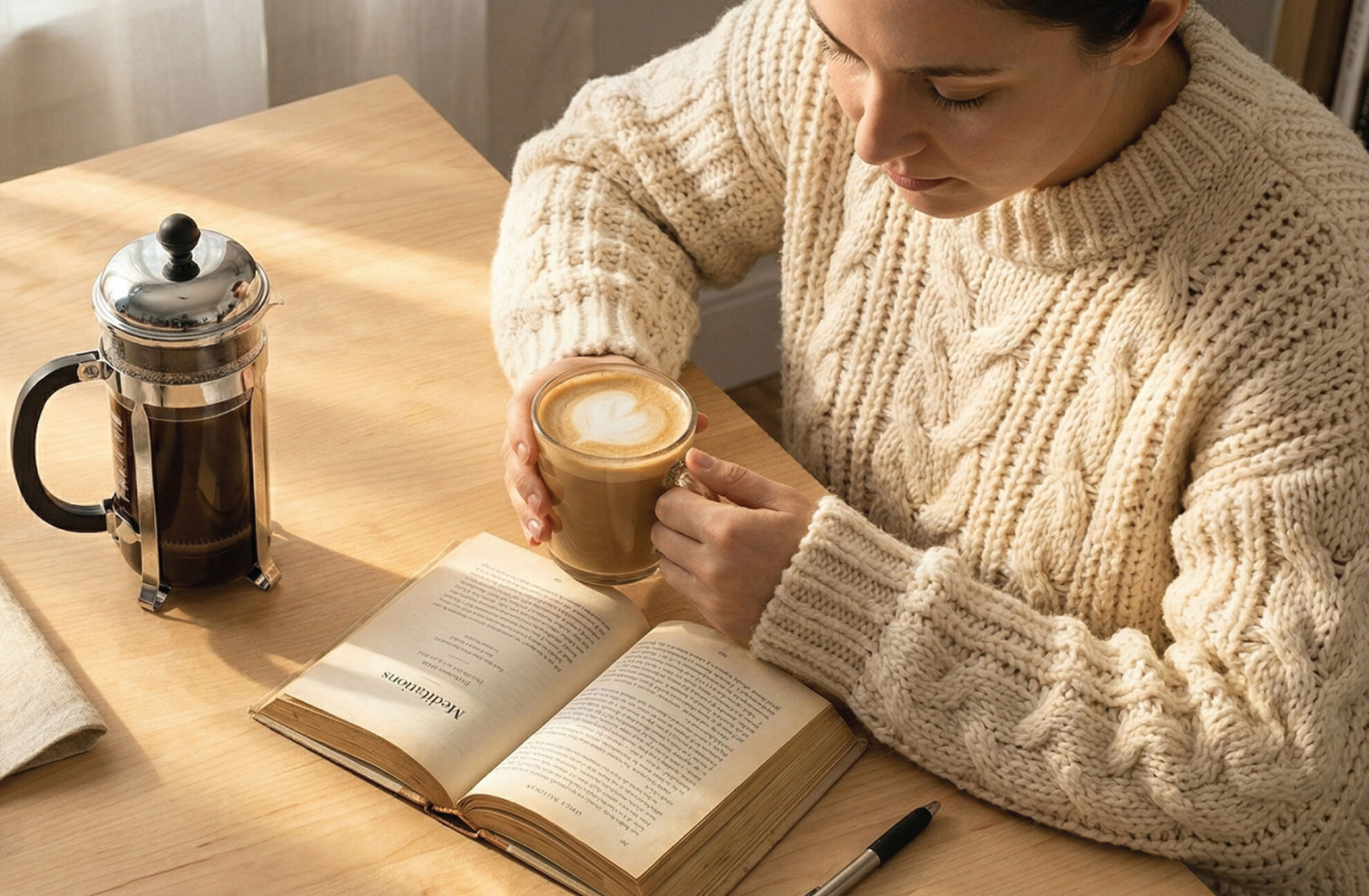A person wearing a chunky knit sweater sits at a wooden table, holding a cup of coffee with latte art and reading an open book. A French press and a pen are also on the table. Sunlight streams in softly.