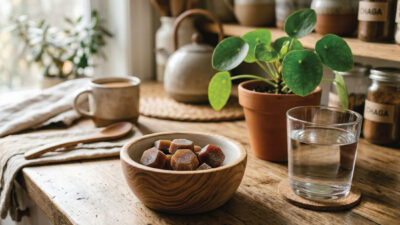 A wooden bowl of hexagonal gummies sits on a rustic kitchen table beside a glass of water, a potted plant, a wooden spoon, a mug, and jars, with sunlight streaming through a nearby window.