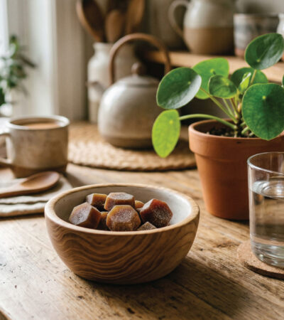 A wooden bowl of hexagonal gummies sits on a rustic kitchen table beside a glass of water, a potted plant, a wooden spoon, a mug, and jars, with sunlight streaming through a nearby window.