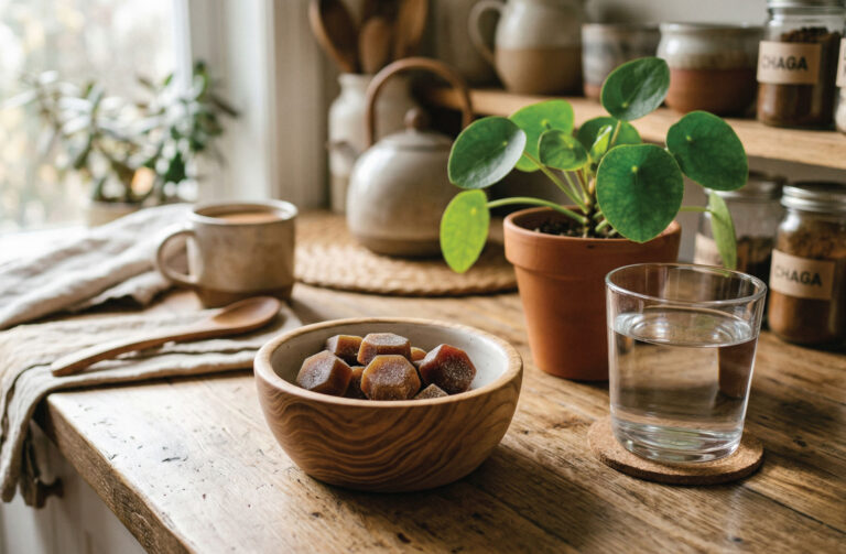 A wooden bowl of hexagonal gummies sits on a rustic kitchen table beside a glass of water, a potted plant, a wooden spoon, a mug, and jars, with sunlight streaming through a nearby window.