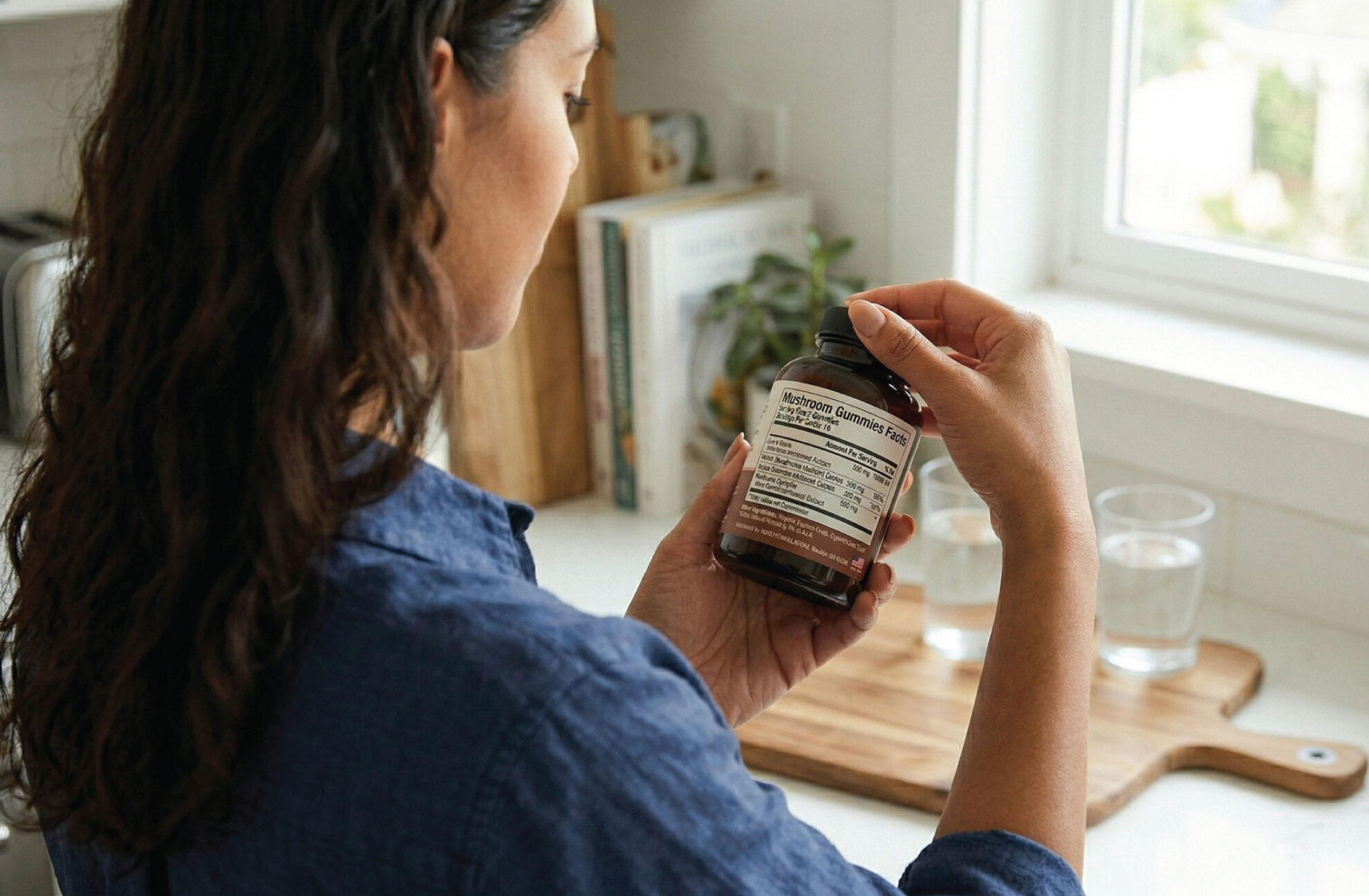  A woman in a blue shirt stands in a kitchen, holding and reading the label on a brown bottle of supplements or medication. A wooden cutting board with two glasses of water is on the counter beside her.