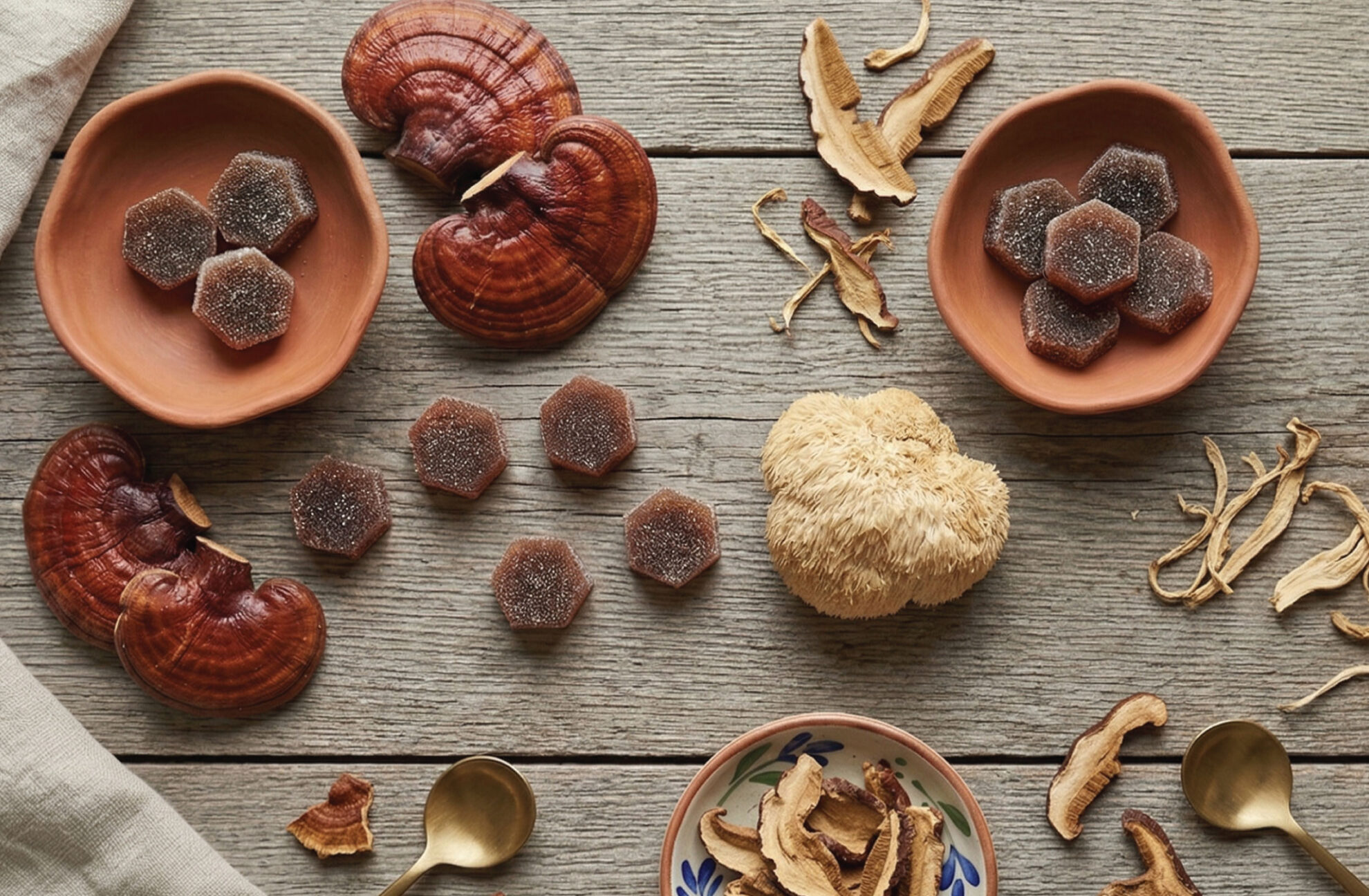  Hexagonal gummies on small clay plates surrounded by whole and dried mushrooms, including reishi and lion’s mane, with golden spoons on a rustic wooden surface.