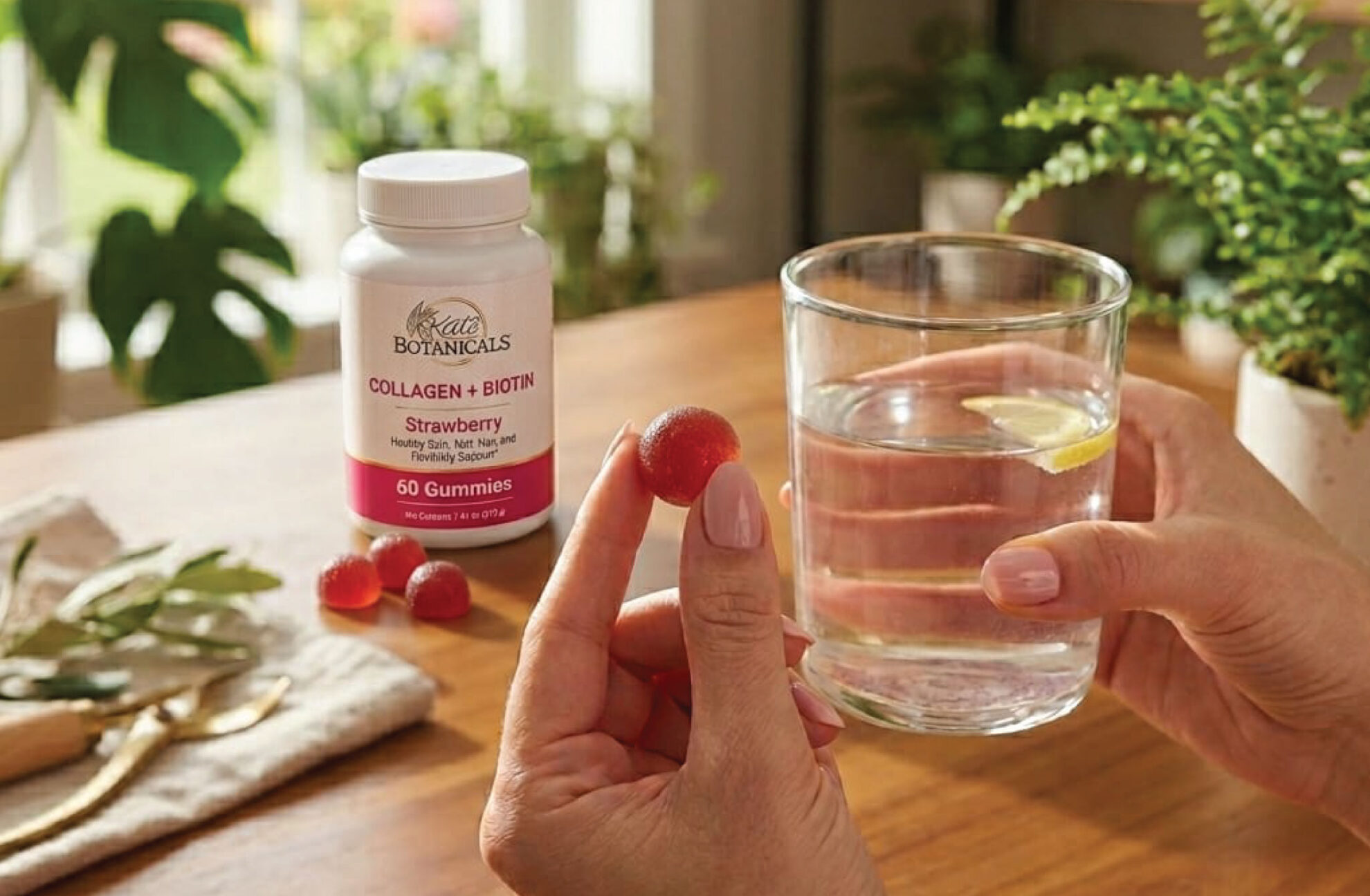  A person holds a strawberry gummy in one hand and a glass of water with a lemon slice in the other. A bottle labeled COLLAGEN + BIOTIN Strawberry Gummies sits on a table with plants in the background.