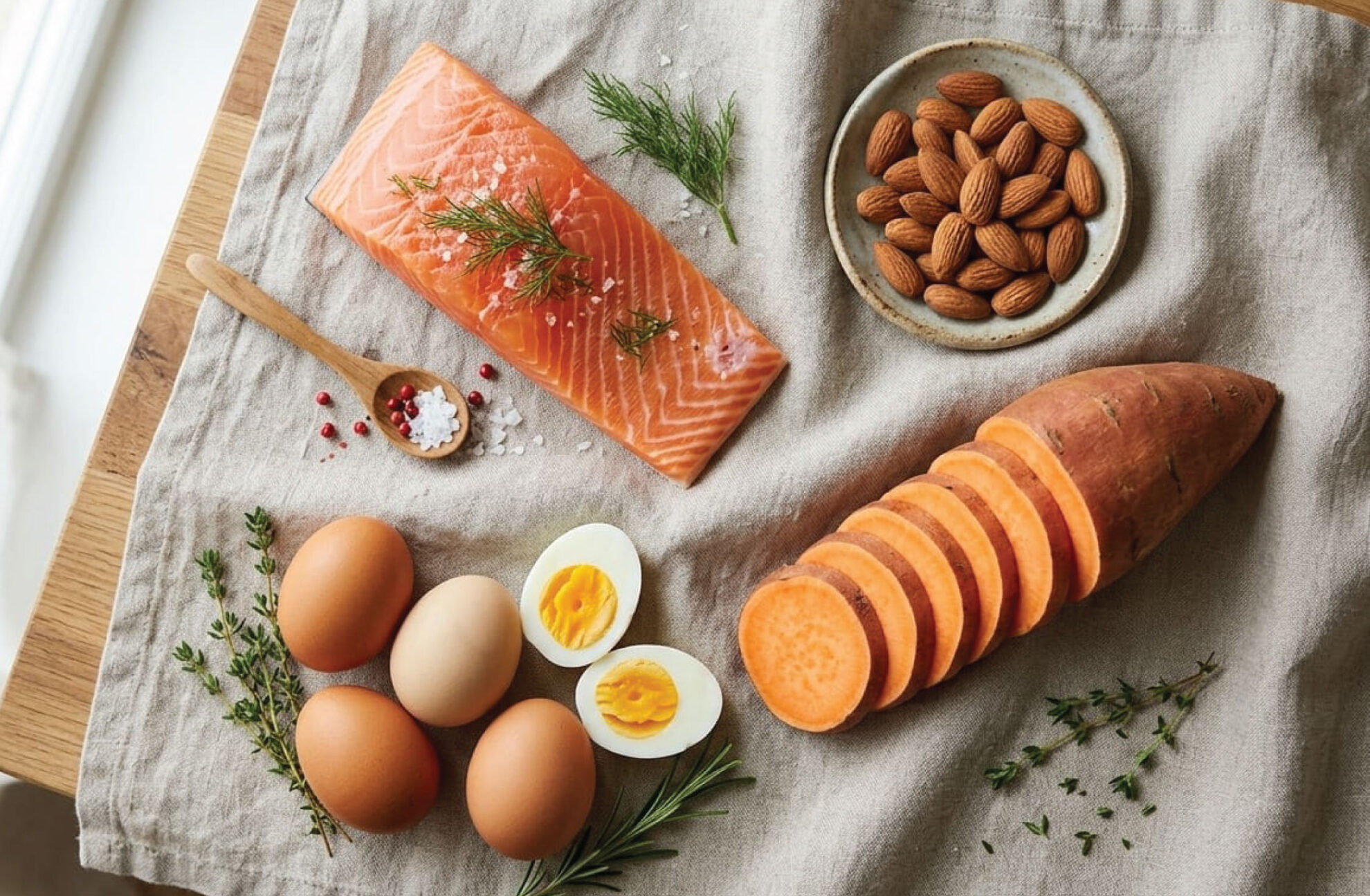  A spread of healthy foods on a cloth: raw salmon topped with herbs, a bowl of almonds, sliced sweet potato, three eggs (two brown, one white), a halved boiled egg, salt with peppercorns, and assorted fresh herbs.