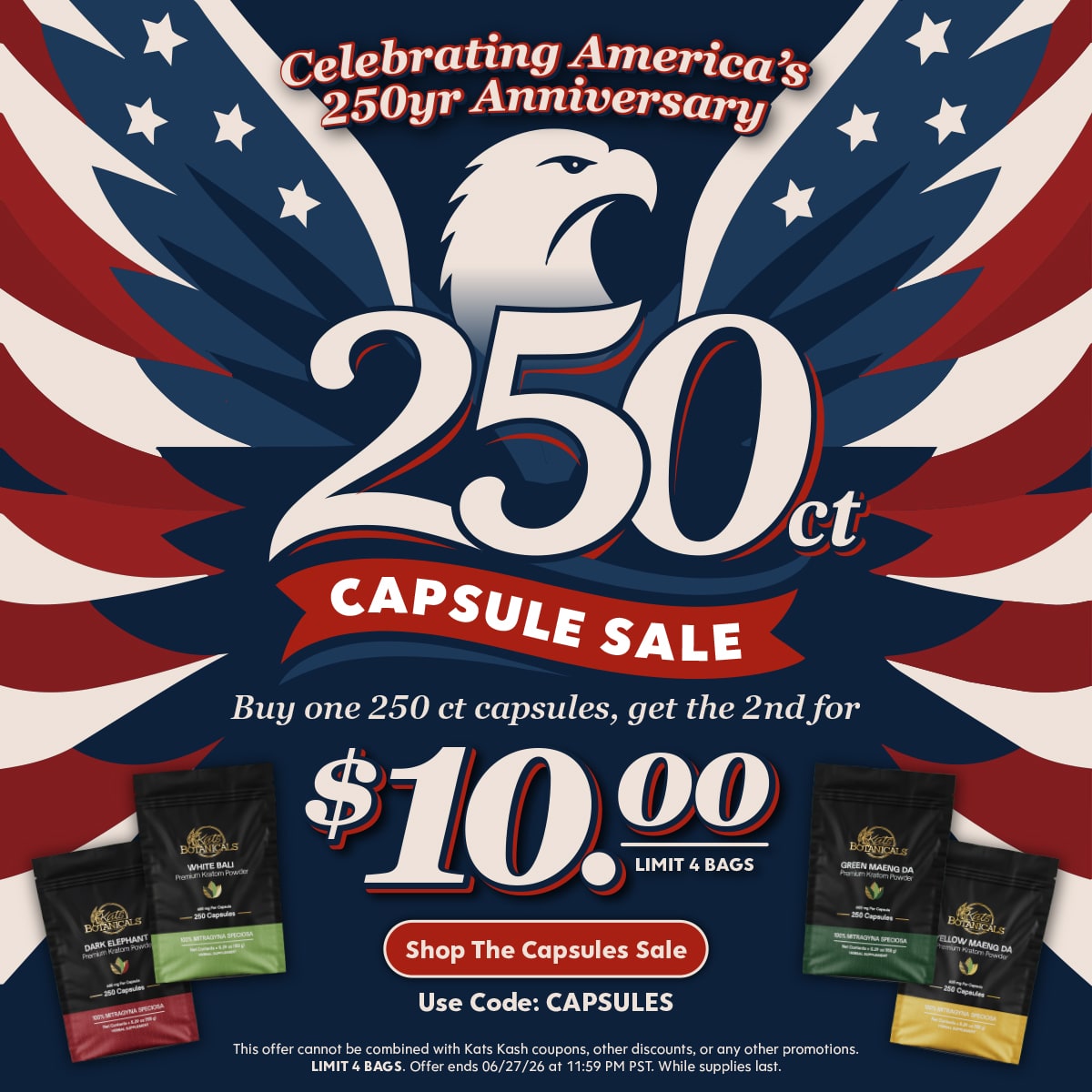 250ct Kratom Capsule Sale - Kats Botanicals