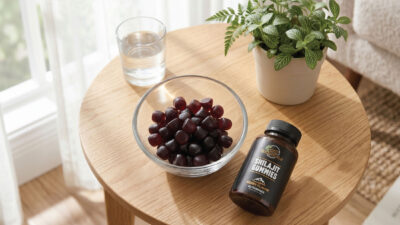 A round wooden table with a glass of water, a bowl of red grapes, a bottle labeled Shilajit Gummies, and a potted plant, near a sunlit window with white curtains.