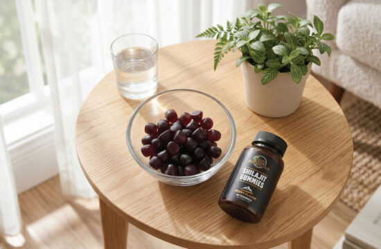 A round wooden table with a glass of water, a bowl of red grapes, a bottle labeled Shilajit Gummies, and a potted plant, near a sunlit window with white curtains.