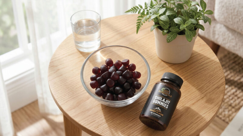 A round wooden table with a glass of water, a bowl of red grapes, a bottle labeled Shilajit Gummies, and a potted plant, near a sunlit window with white curtains.