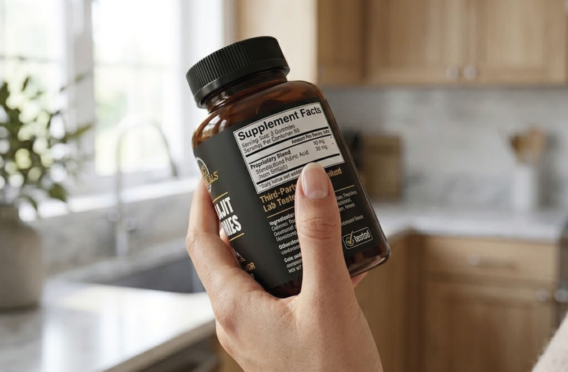 A hand holds a brown supplement bottle in a kitchen, with the supplement facts label visible but partially out of focus. Light wood cabinets and a sink are in the background.
