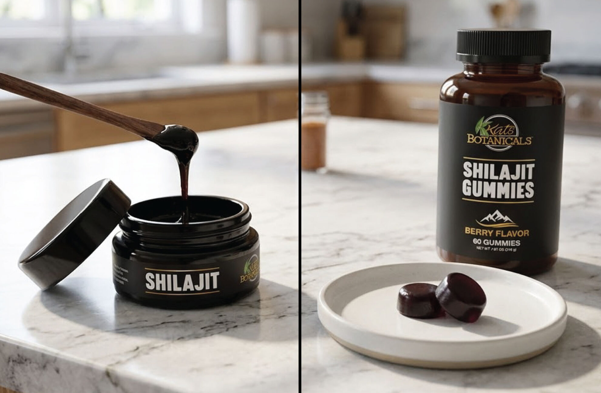 Split image showing two Shilajit products: on the left, a jar of Shilajit resin with a spoonful being lifted out; on the right, a bottle of Shilajit gummies next to a plate with two dark gummies.