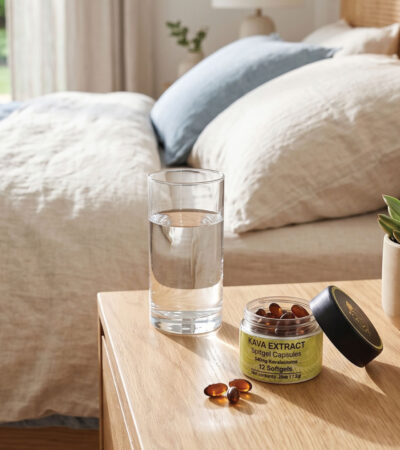 A glass of water, an open container of kava extract capsules, and a potted succulent sit on a wooden bedside table next to a neatly made bed with beige and blue bedding in a bright, cozy bedroom.