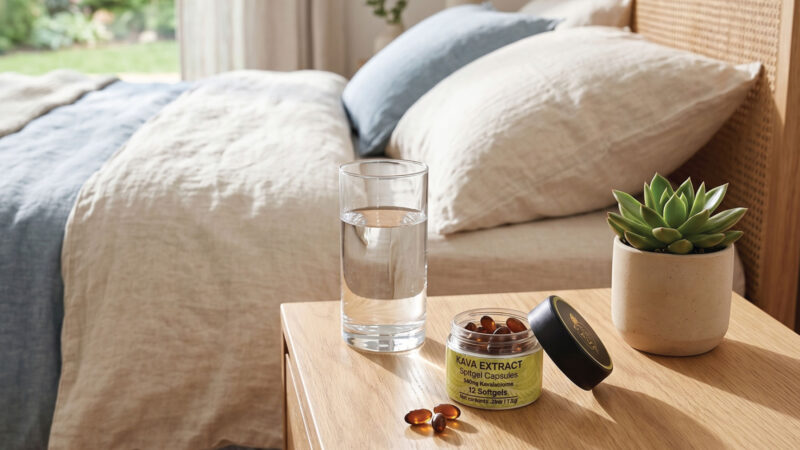 A glass of water, an open container of kava extract capsules, and a potted succulent sit on a wooden bedside table next to a neatly made bed with beige and blue bedding in a bright, cozy bedroom.
