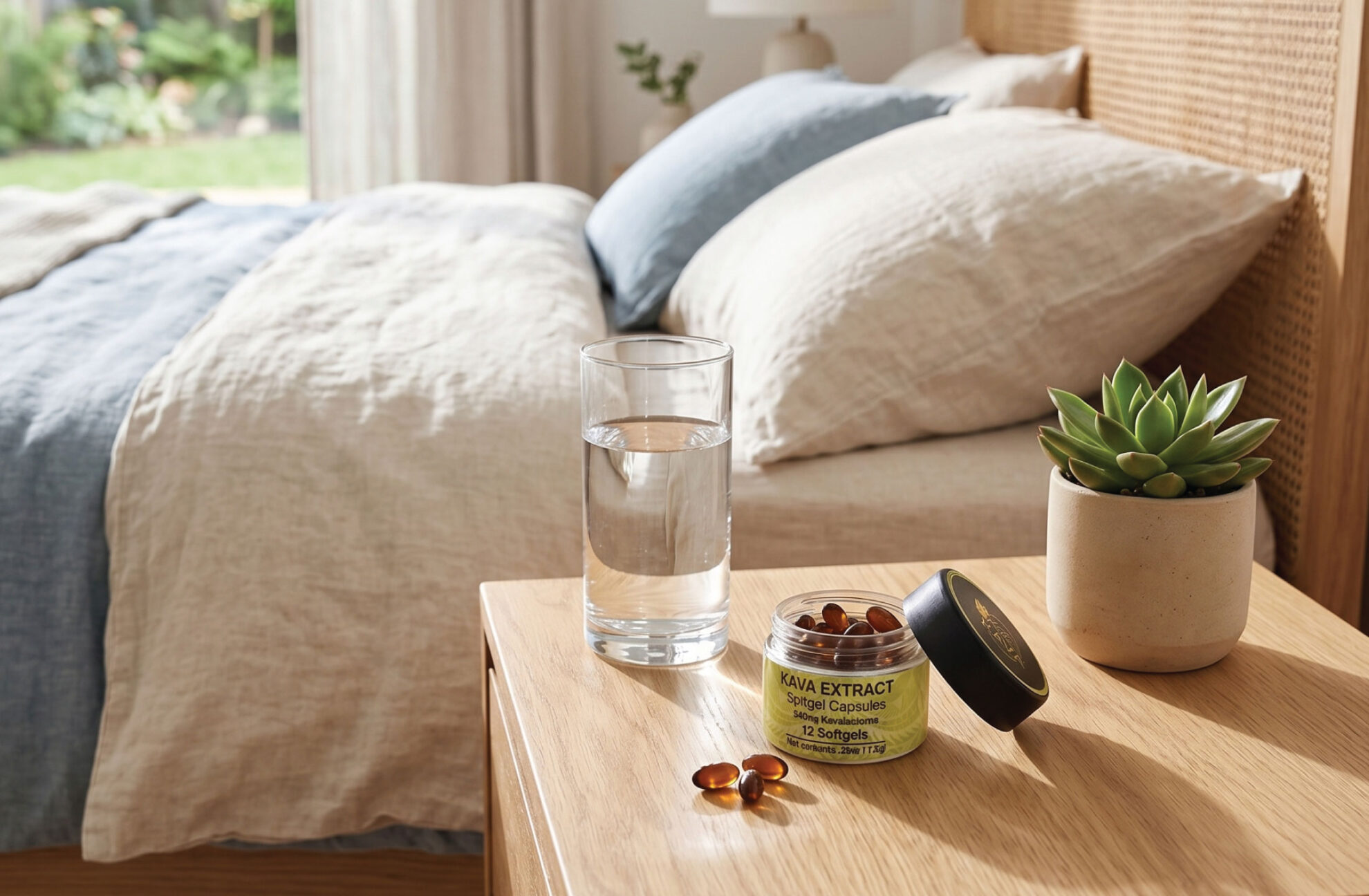 A glass of water, an open container of kava extract capsules, and a potted succulent sit on a wooden bedside table next to a neatly made bed with beige and blue bedding in a bright, cozy bedroom.