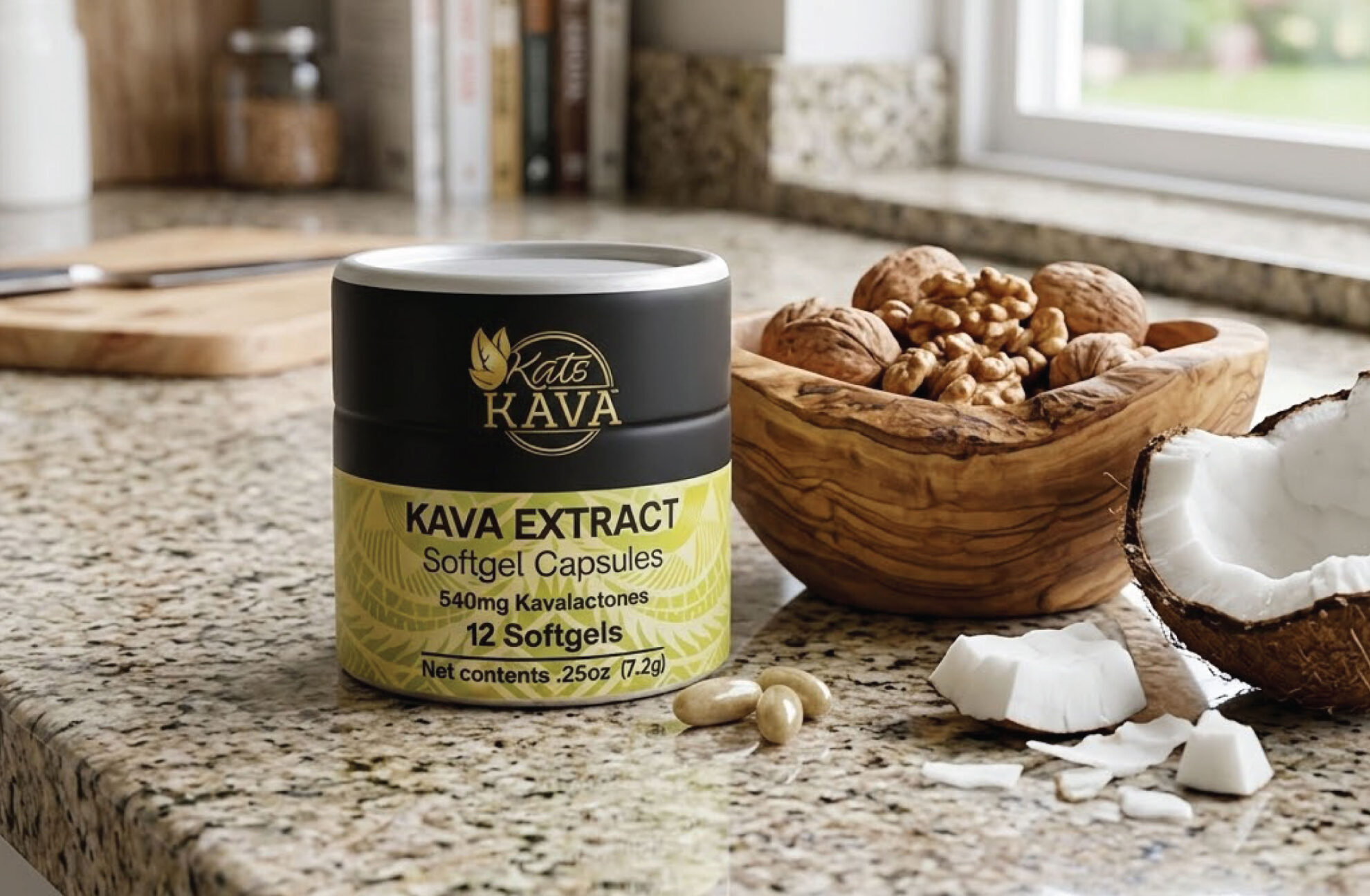A container of Kats Kava Kava Extract Softgel Capsules sits on a kitchen counter beside a wooden bowl filled with walnuts and a cracked coconut, with several softgel capsules lying nearby.