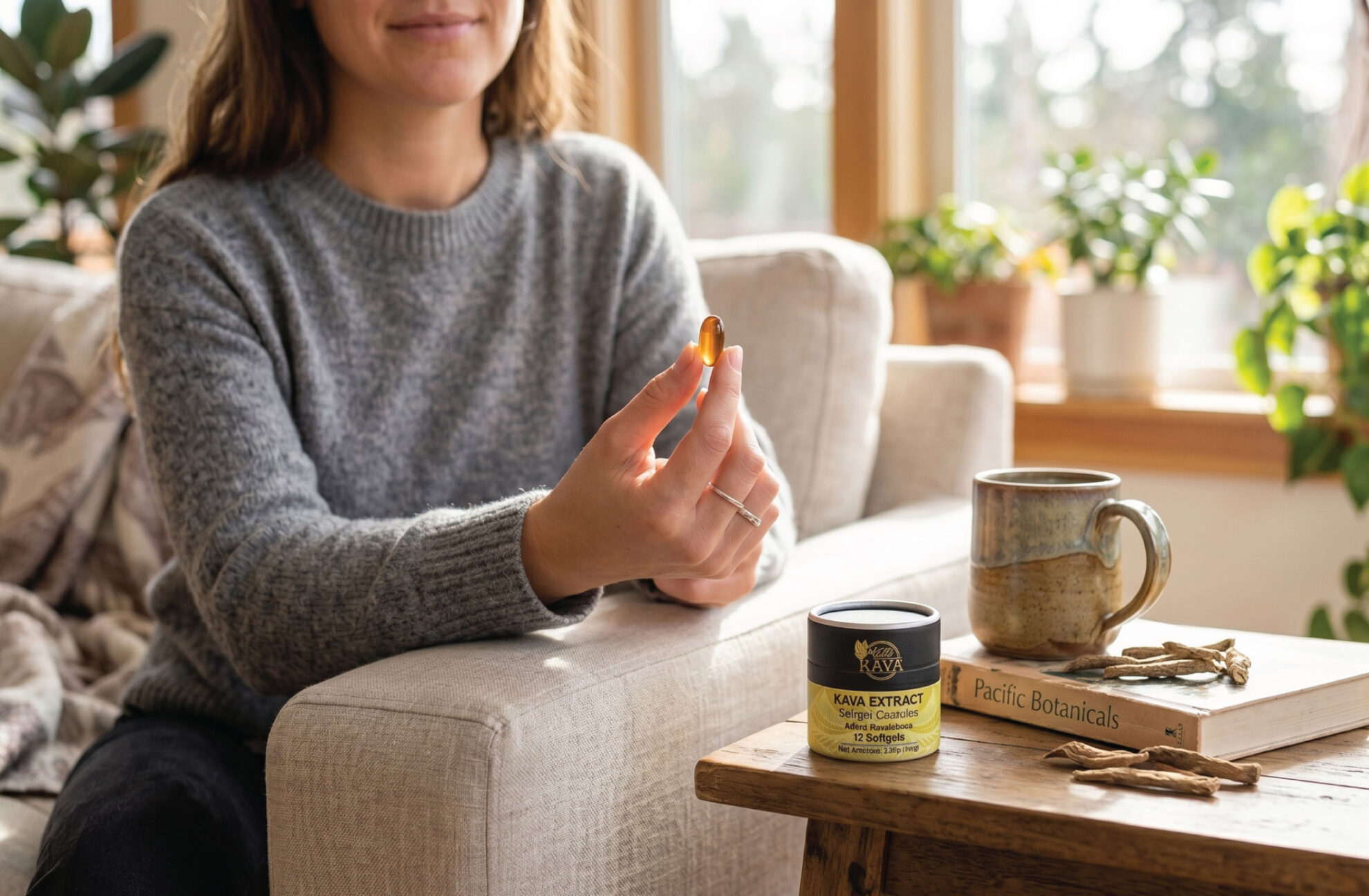 A woman sitting on a couch holds a capsule in one hand, with a jar labeled Kava Extract and a ceramic mug on a wooden table beside her. Sunlight streams through windows, and green plants decorate the room.