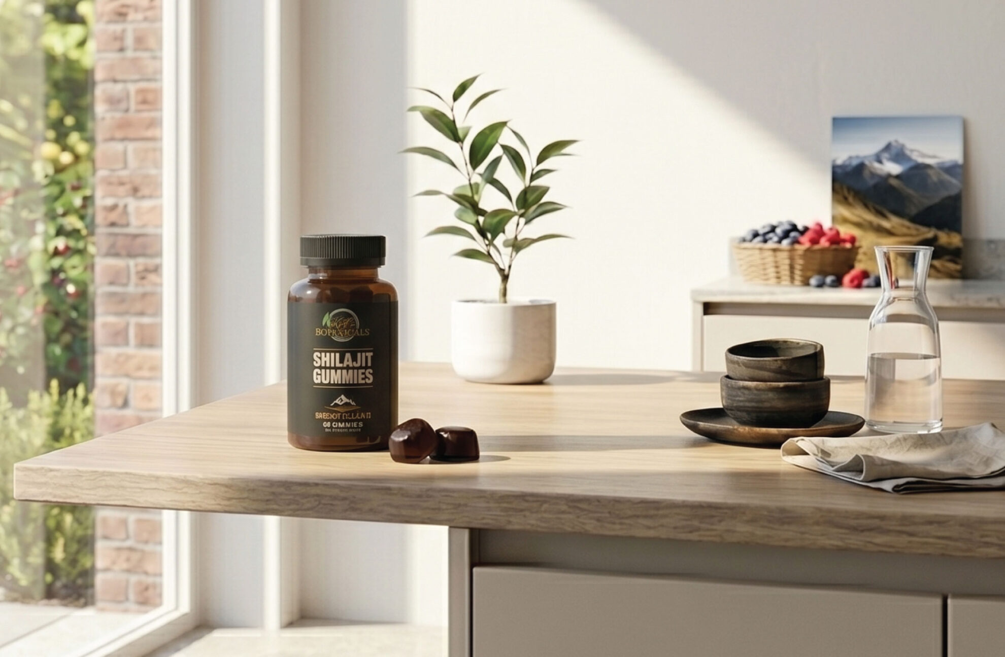 A bottle of Shilajit gummies sits on a wooden kitchen table next to two ceramic cups, a carafe, two gummies, and a potted plant. In the background, a basket of fruit is on a counter near a bright window.