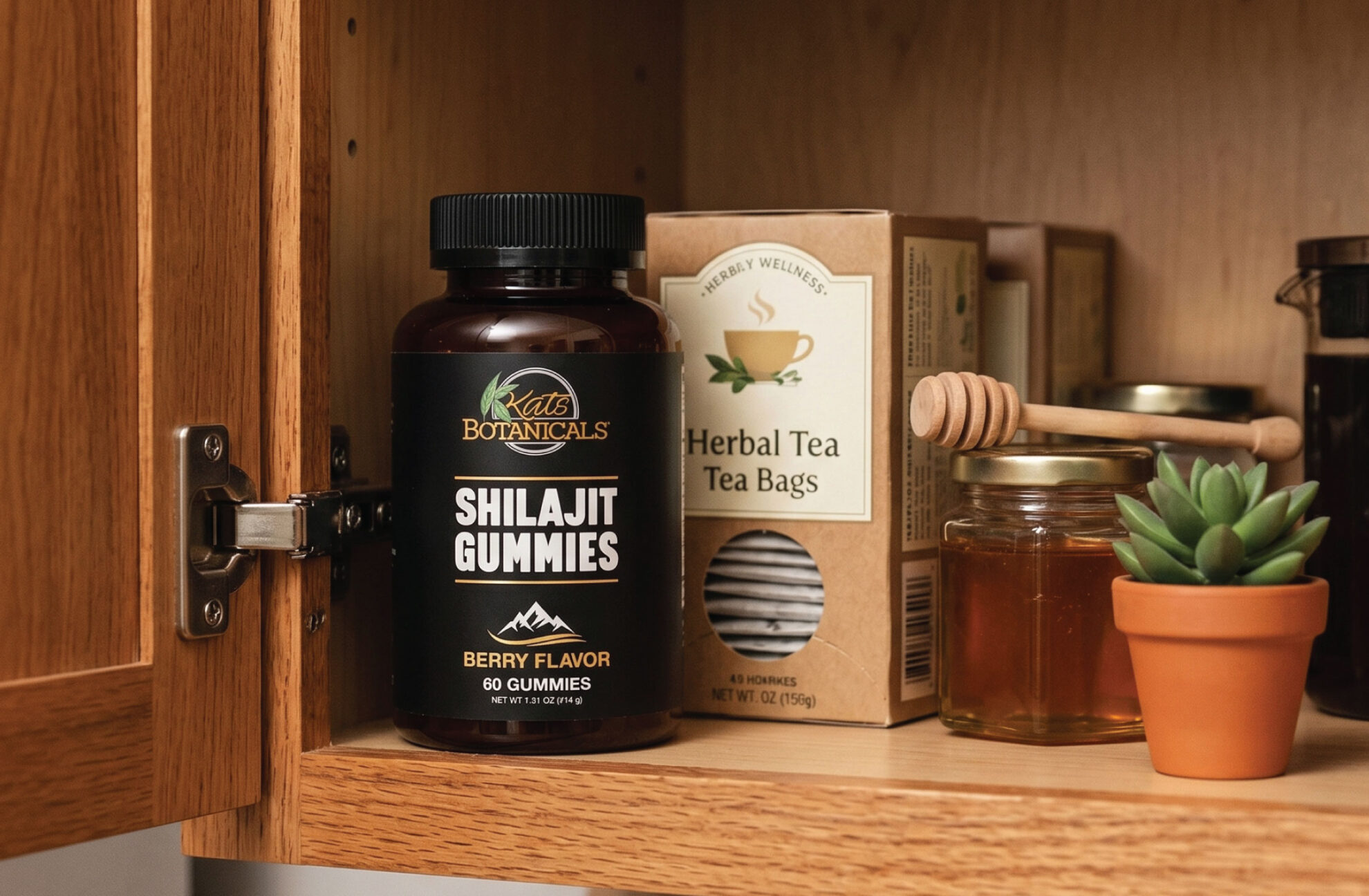 An open wooden cabinet shows a bottle of Shilajit gummies, a box of herbal tea bags, a jar of honey with a honey dipper, and a small potted succulent plant arranged inside.