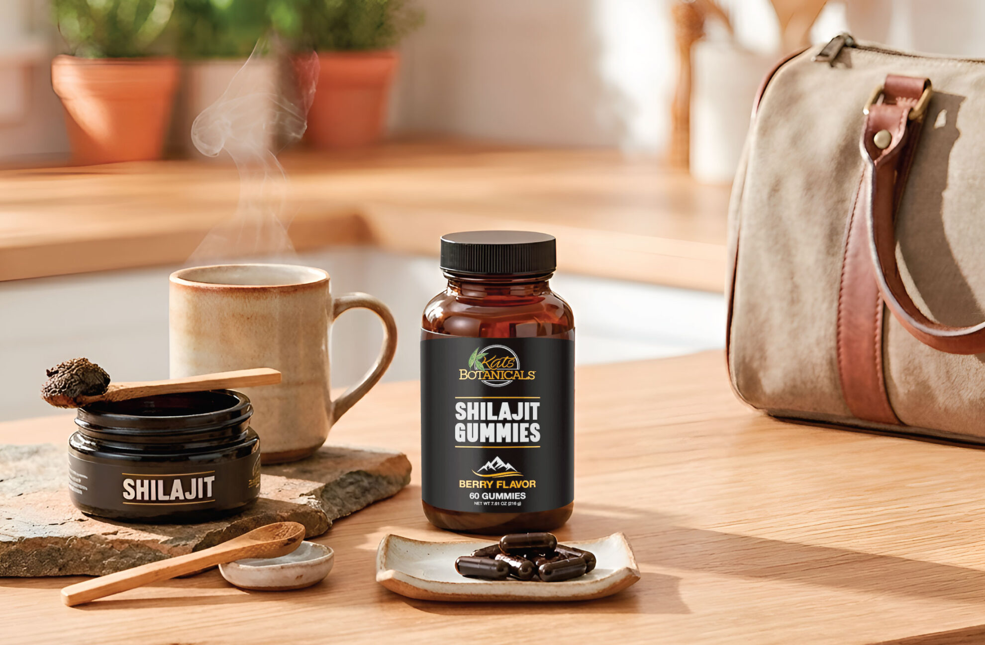 A jar of Shilajit gummies, a mug with steam, a jar labeled Shilajit with a small wooden spoon, and a beige bag are on a sunlit wooden kitchen counter with potted plants in the background.