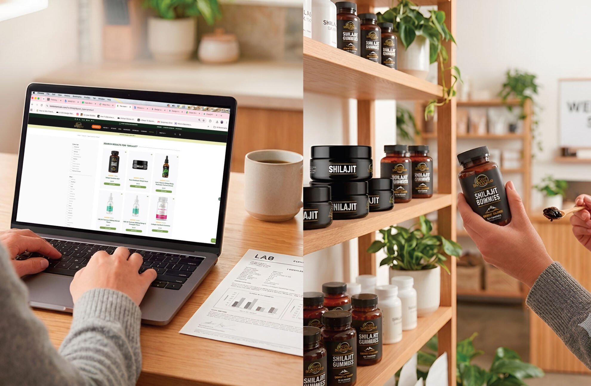 A person shops online for supplements on a laptop next to a mug and a printed report; on the right, shelves display jars and bottles of supplements as another hand holds a spoonful of a product labeled Shilajit.