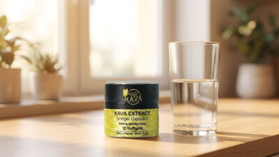 A small container of Kava extract softgel capsules sits next to a glass of water on a wooden table, with soft sunlight streaming through a window in the background.