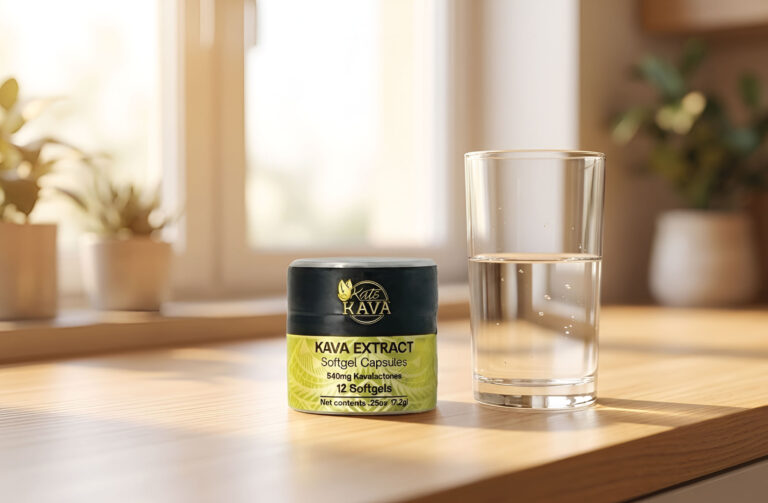 A small container of Kava extract softgel capsules sits next to a glass of water on a wooden table, with soft sunlight streaming through a window in the background.