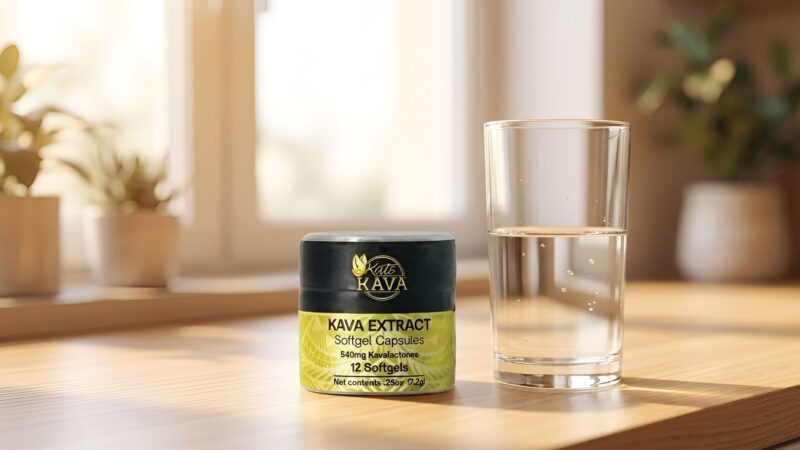 A small container of Kava extract softgel capsules sits next to a glass of water on a wooden table, with soft sunlight streaming through a window in the background.