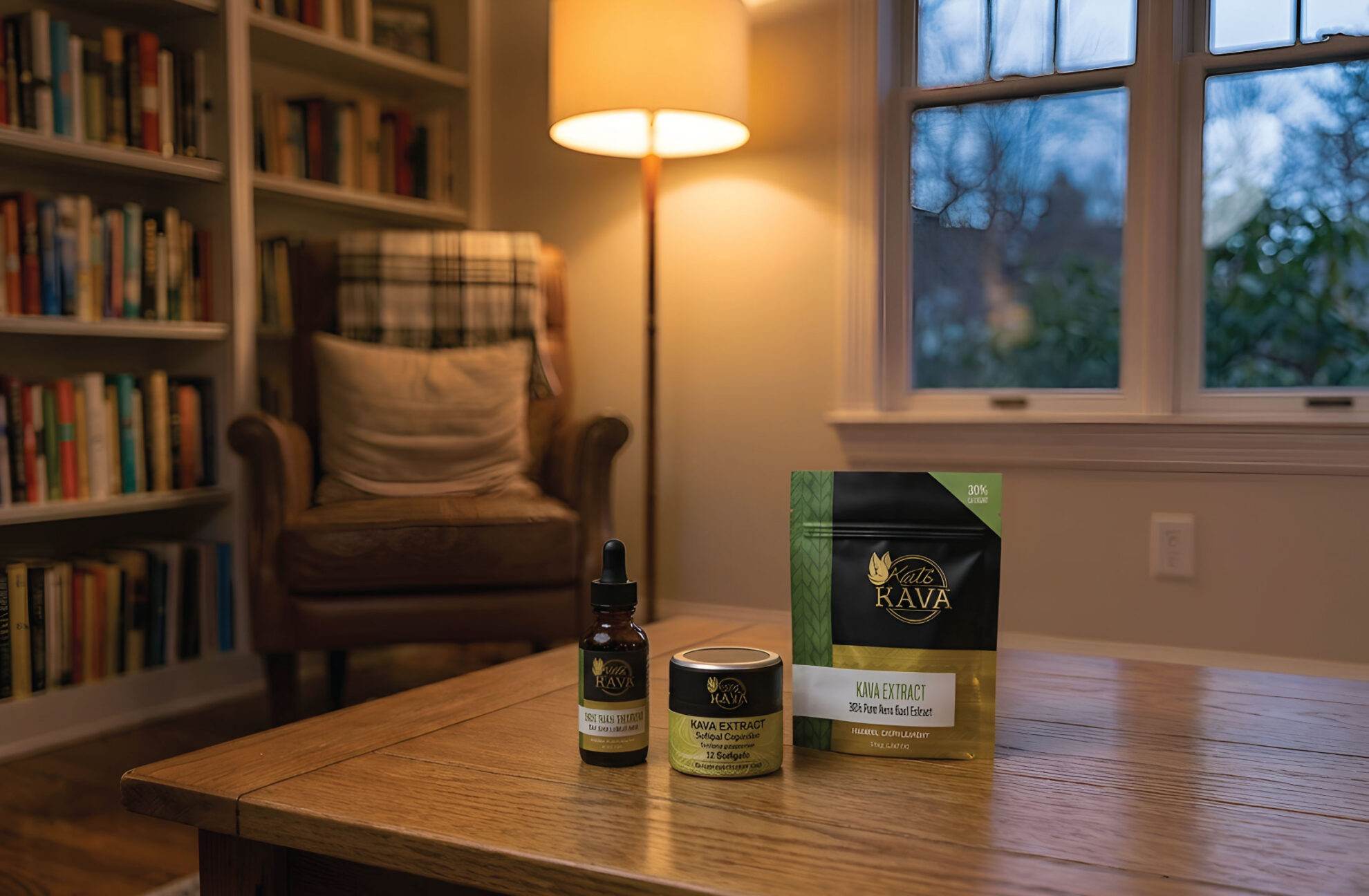 A cozy reading nook with an armchair and lamp. On a wooden table are kava products: a dropper bottle, a small jar, and a green bag. Bookshelves and a window with trees outside are in the background.
