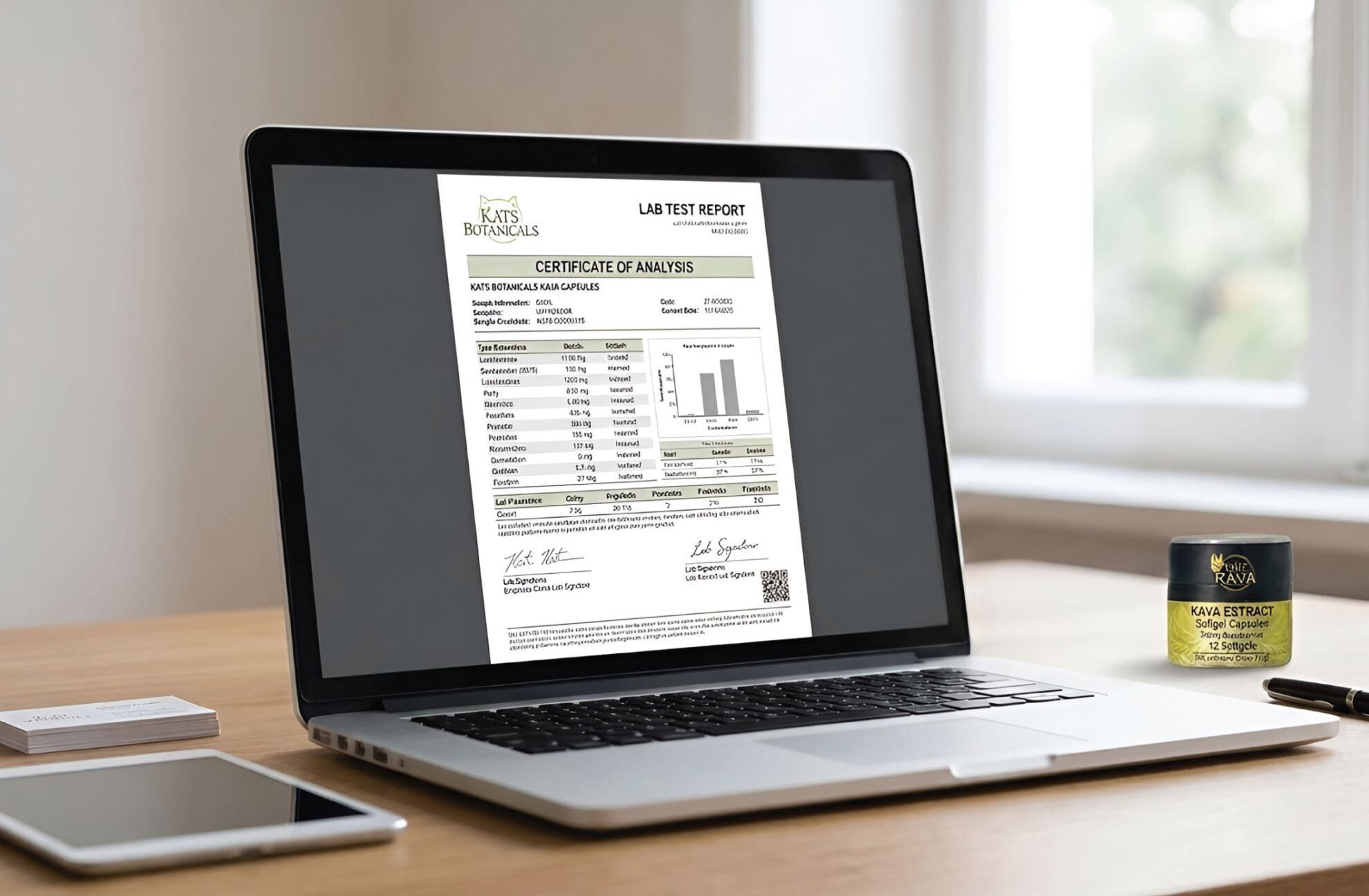A laptop on a desk displays a lab test report for Kava extract. Next to the laptop is a small jar labeled “Kava Extract.” A window and pen are visible in the background.