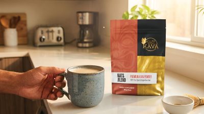 A hand holds a mug of kava in a bright kitchen, with a bag of Kat’s Kava premium kava powder on the counter beside a spoon, coffee maker, and toaster. Sunlight shines through the window.