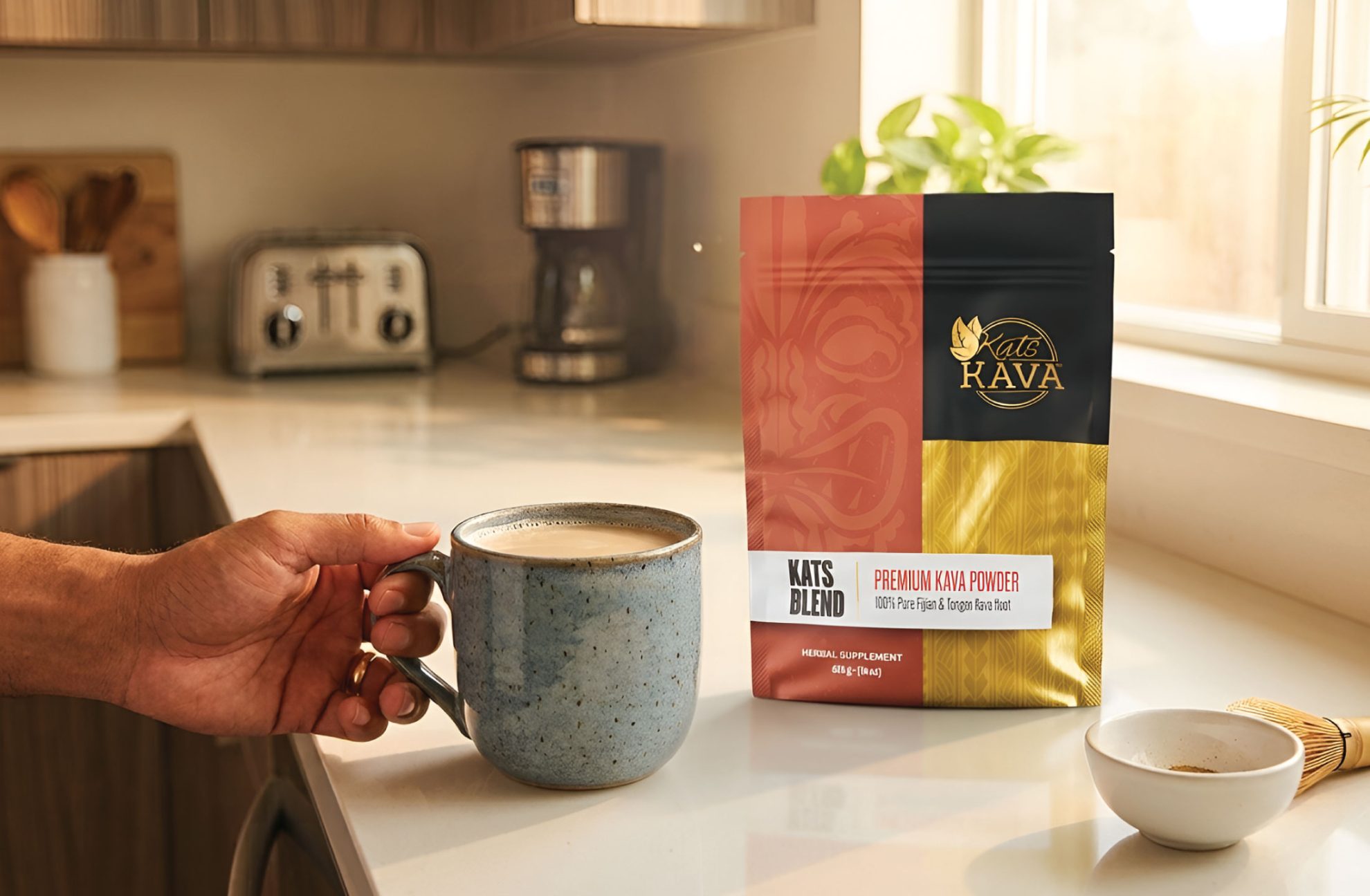 A hand holds a mug of kava in a bright kitchen, with a bag of Kat’s Kava premium kava powder on the counter beside a spoon, coffee maker, and toaster. Sunlight shines through the window.