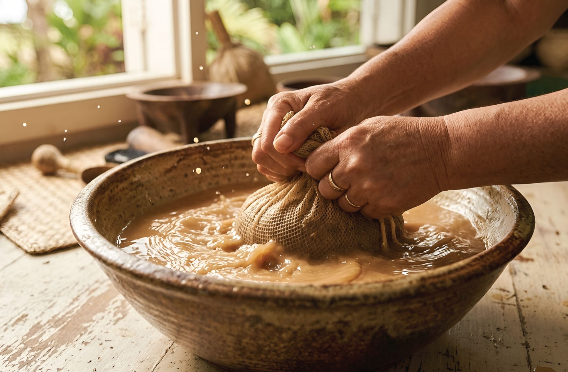 Hands squeeze a cloth bag over a rustic bowl filled with brown liquid, with droplets splashing. Sunlight streams through a window, and kitchen tools rest on a wooden table in the background.