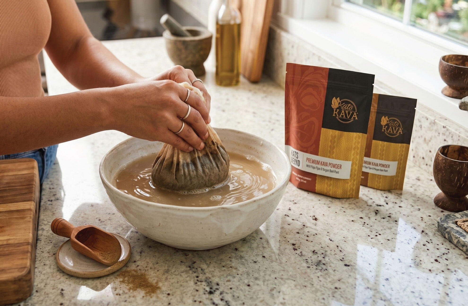 A person squeezes a cloth pouch over a bowl of liquid on a kitchen counter. Two packets labeled Rava and wooden utensils are nearby. Sunlight streams in through a window.