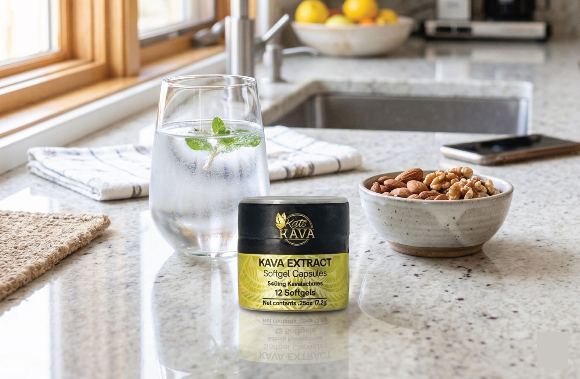 A jar of Kava extract softgel capsules sits on a kitchen counter with a glass of water garnished with mint, a bowl of mixed nuts, and a bowl of lemons in the background.