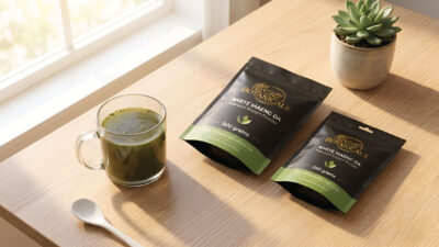 A glass mug of green tea sits next to two bags labeled “White Maeng Da Kratom” on a wooden table with a white spoon and a small potted succulent plant by a sunny window.