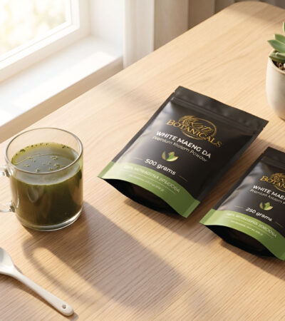 A glass mug of green tea sits next to two bags labeled “White Maeng Da Kratom” on a wooden table with a white spoon and a small potted succulent plant by a sunny window.