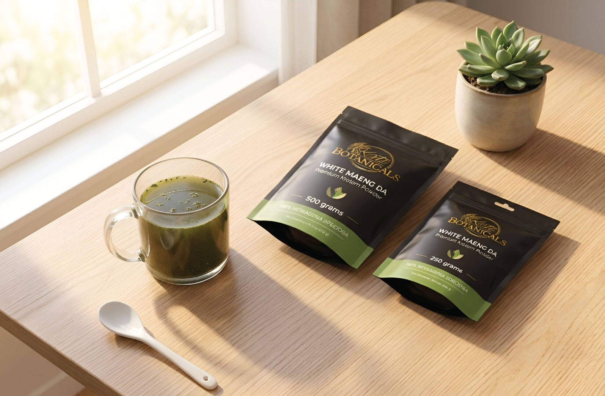 A glass mug of green tea sits next to two bags labeled “White Maeng Da Kratom” on a wooden table with a white spoon and a small potted succulent plant by a sunny window.