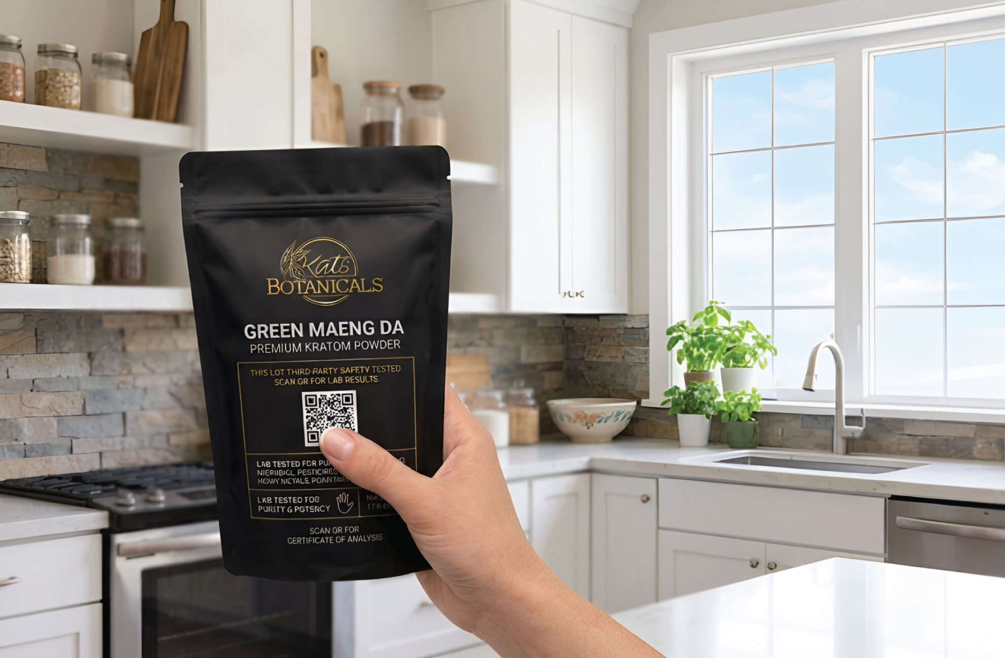 A hand holds a black bag of Kats Botanicals Green Maeng Da kratom powder in a bright, modern kitchen with white cabinets, a stove, and a large window showing a blue sky with clouds.