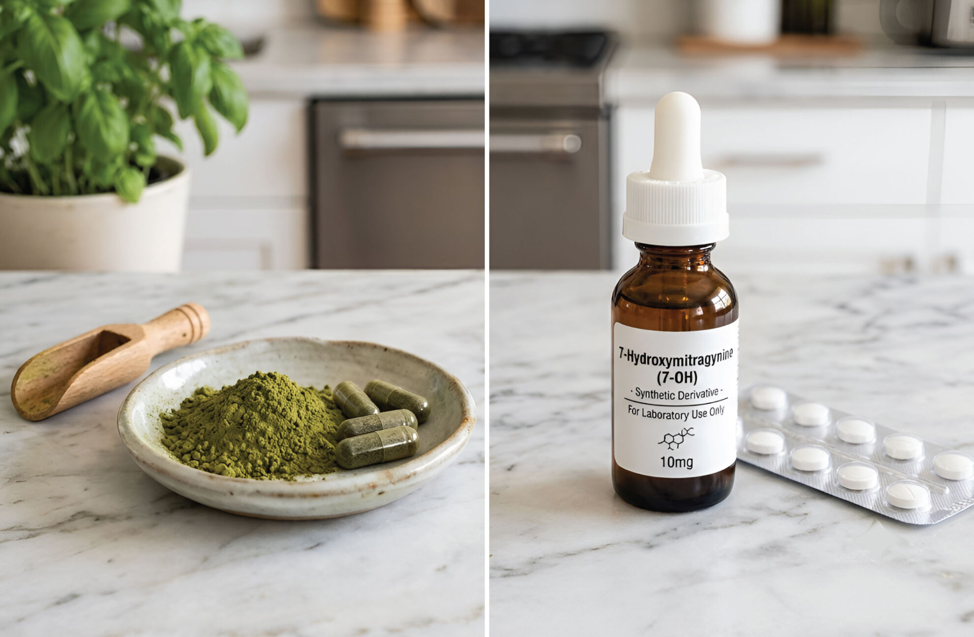 A marble counter with a bowl of green powder, capsules, a wooden scoop on the left; a brown dropper bottle labeled 7-hydroxymitragynine, and white tablets on the right; kitchen background.