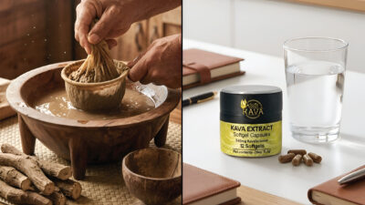 Left: Hands strain a cloth bag filled with kava root into a wooden bowl. Right: A jar of kava extract capsules, three capsules, and a glass of water sit on a table.