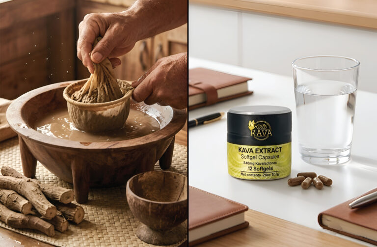 Left: Hands strain a cloth bag filled with kava root into a wooden bowl. Right: A jar of kava extract capsules, three capsules, and a glass of water sit on a table.
