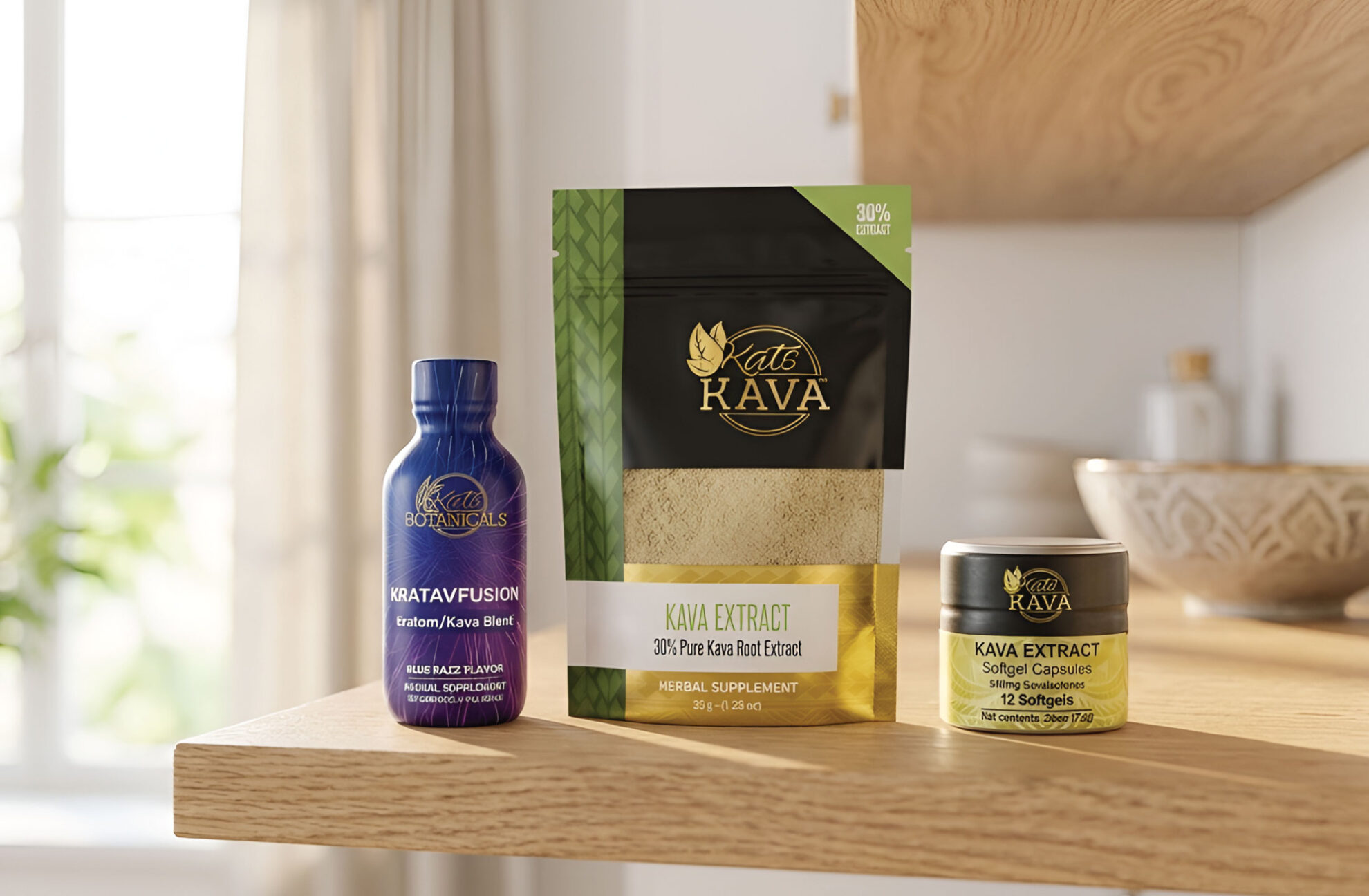 Three Kats Botanicals Kava products—a purple bottle, a green and black pouch, and a small jar—are displayed on a wooden shelf in a bright, modern kitchen setting.