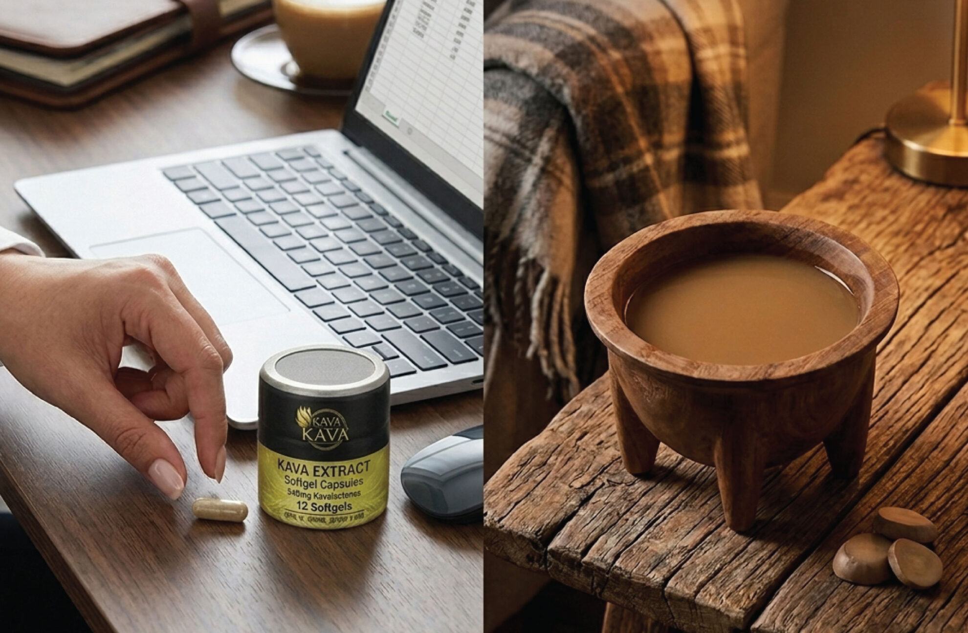 A hand holds a kava extract capsule near a laptop on a desk. Next to it, a traditional wooden bowl filled with kava drink sits on a rustic wooden table with a plaid blanket in the background.
