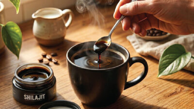A hand stirs a spoonful of dark shilajit resin into a steaming cup of coffee on a wooden table, with a jar labeled Shilajit, green leaves, coffee beans, and a cream pitcher nearby.