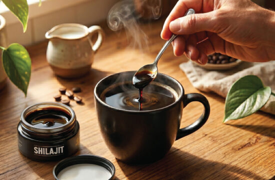 A hand stirs a spoonful of dark shilajit resin into a steaming cup of coffee on a wooden table, with a jar labeled Shilajit, green leaves, coffee beans, and a cream pitcher nearby.