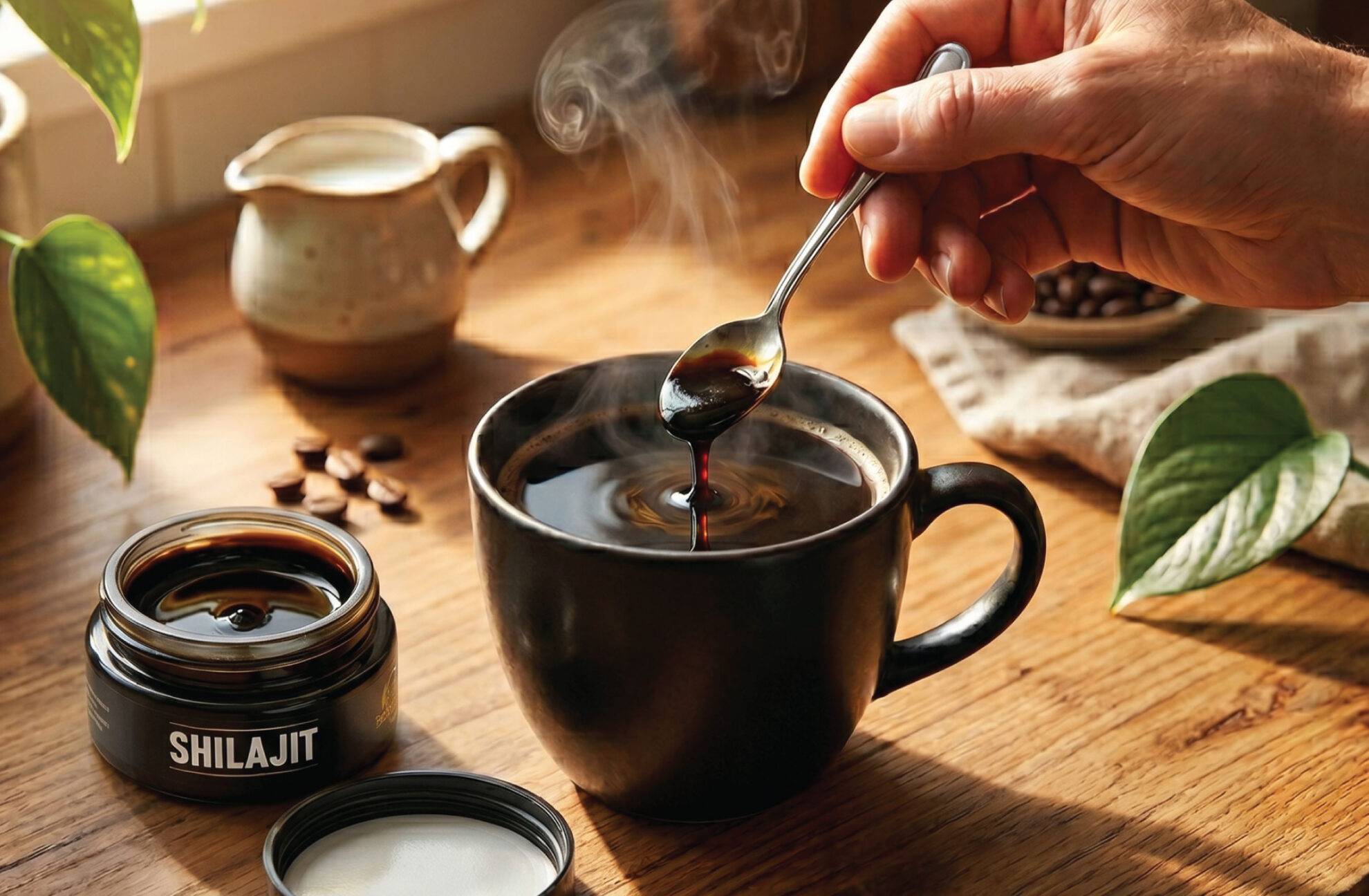 A hand stirs a spoonful of dark shilajit resin into a steaming cup of coffee on a wooden table, with a jar labeled Shilajit, green leaves, coffee beans, and a cream pitcher nearby.