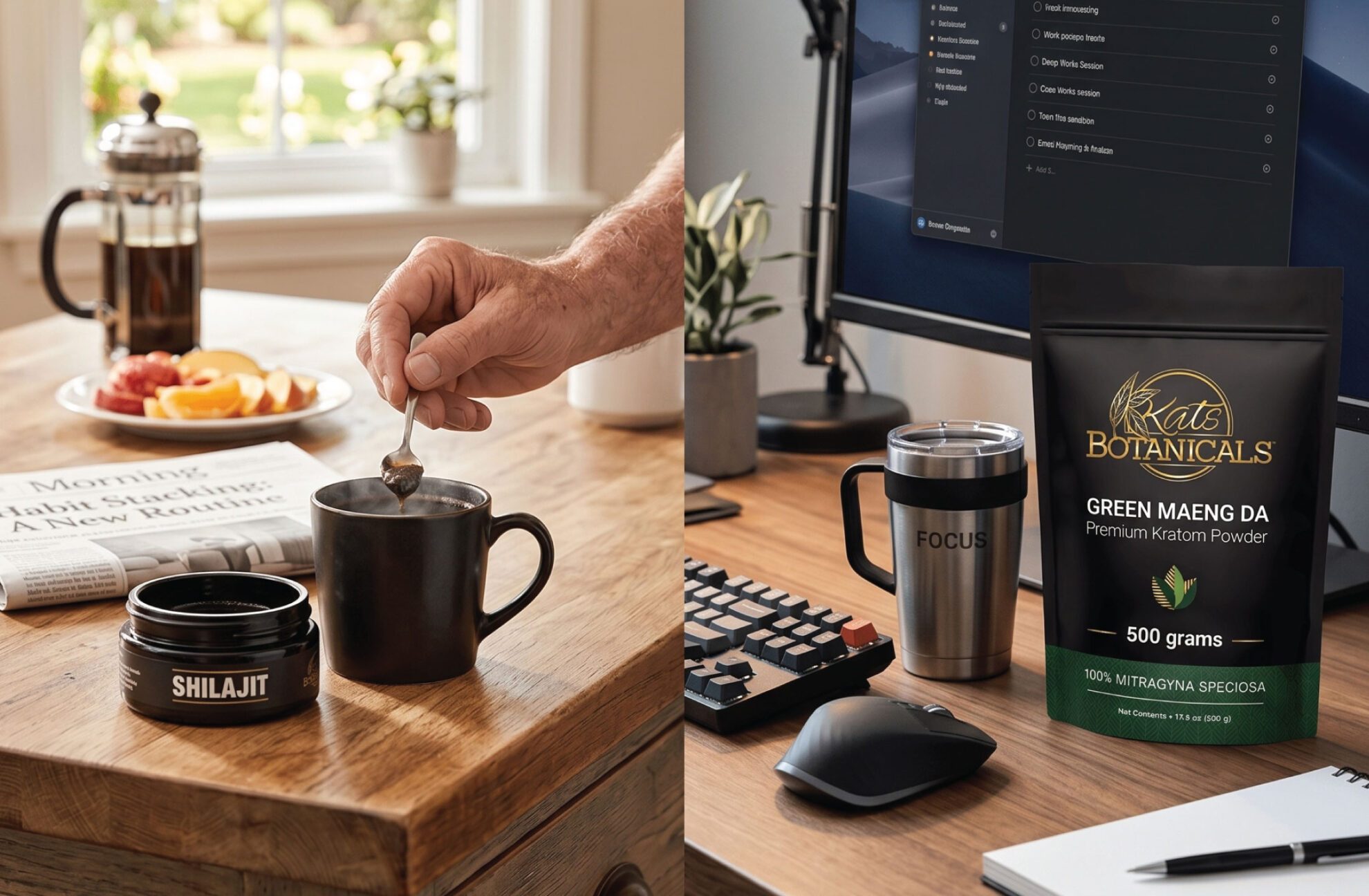 A hand stirs a mug next to a Shilajit jar on a wooden table with breakfast; beside it, a computer desk displays a bag of Green Maeng Da Kratom, a mug, keyboard, and mouse.