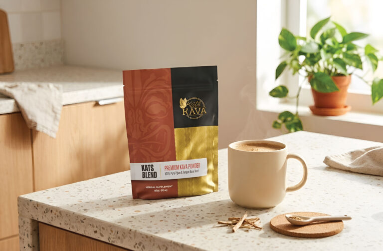 A bag of Kats Kava Kats Blend Premium Kava Powder stands on a kitchen counter next to a steaming mug, with a plant and kitchen cabinets in the background.